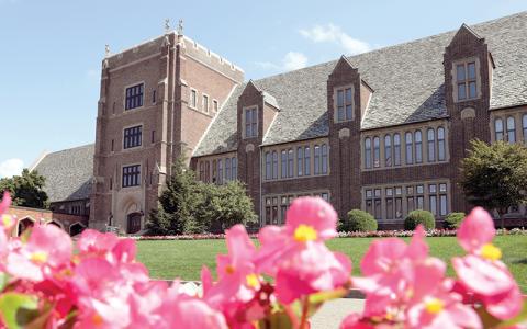 Wide shot of the Old Main building on AV campus